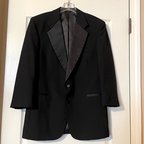 Men's Black Tuxedo Jacket Size 38R Two Button Satin Notch Lapels Wool Formal - Picture 1 of 9